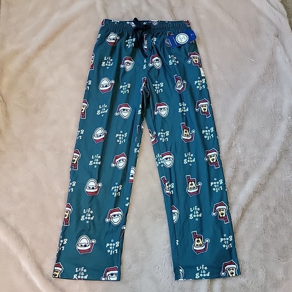 LIFE IS GOOD FOREST GREEN JAKE SANTA HAT LOUNGE PANTS, SIZE M - NEW!